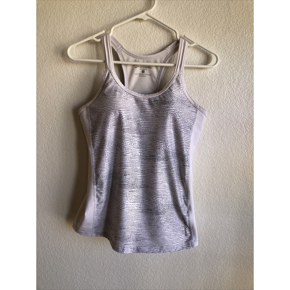 Brooks Running White Black‎ Polka Dot Tank Top Built In Bra Large FLAW